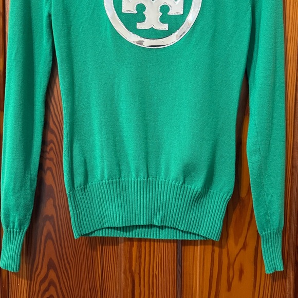 Tory Burch Wool Logo Pullover Sweater - Kelly Green with Silver Metallic Logo - Picture 4 of 15